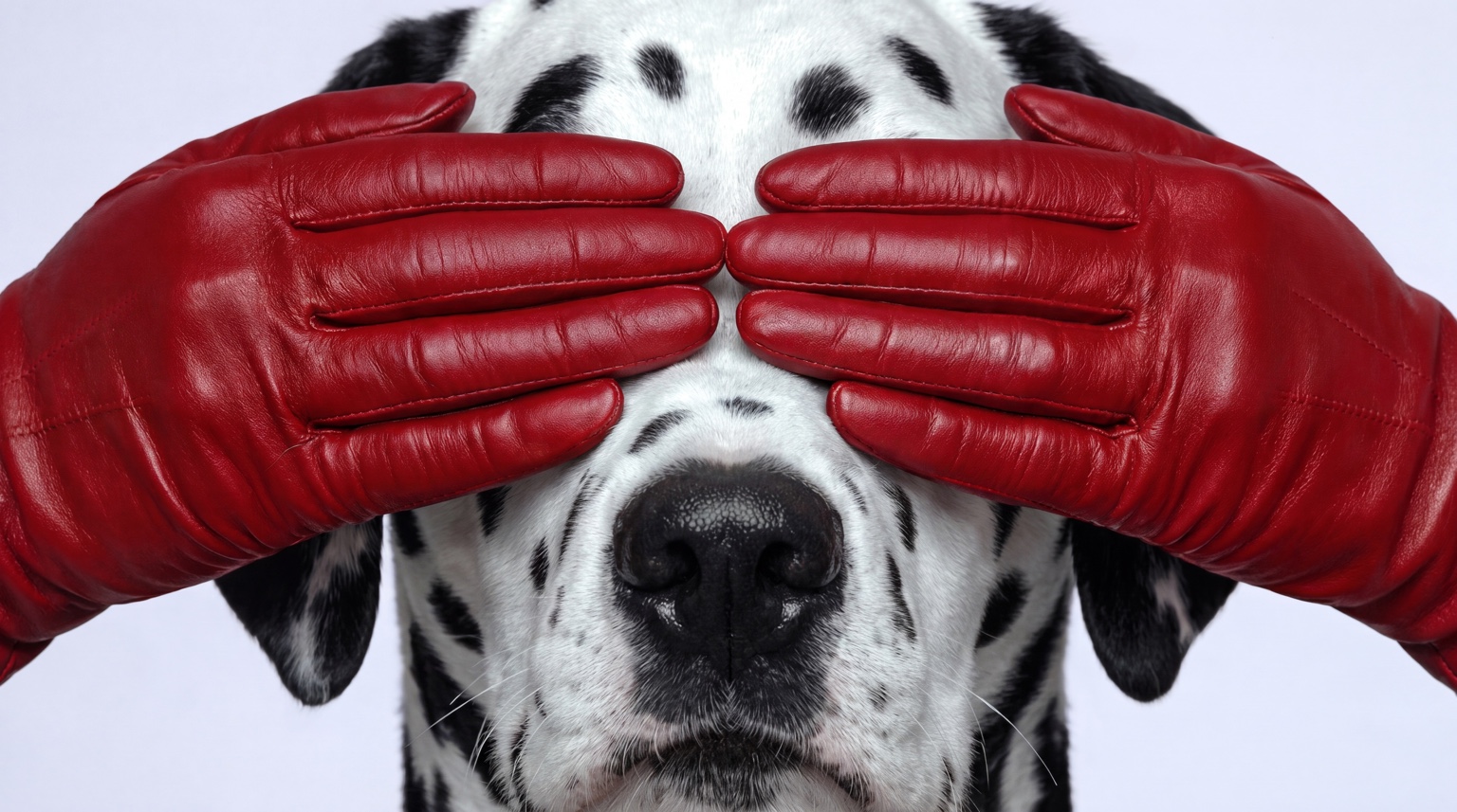 Dalmatian covered by red leather gloves