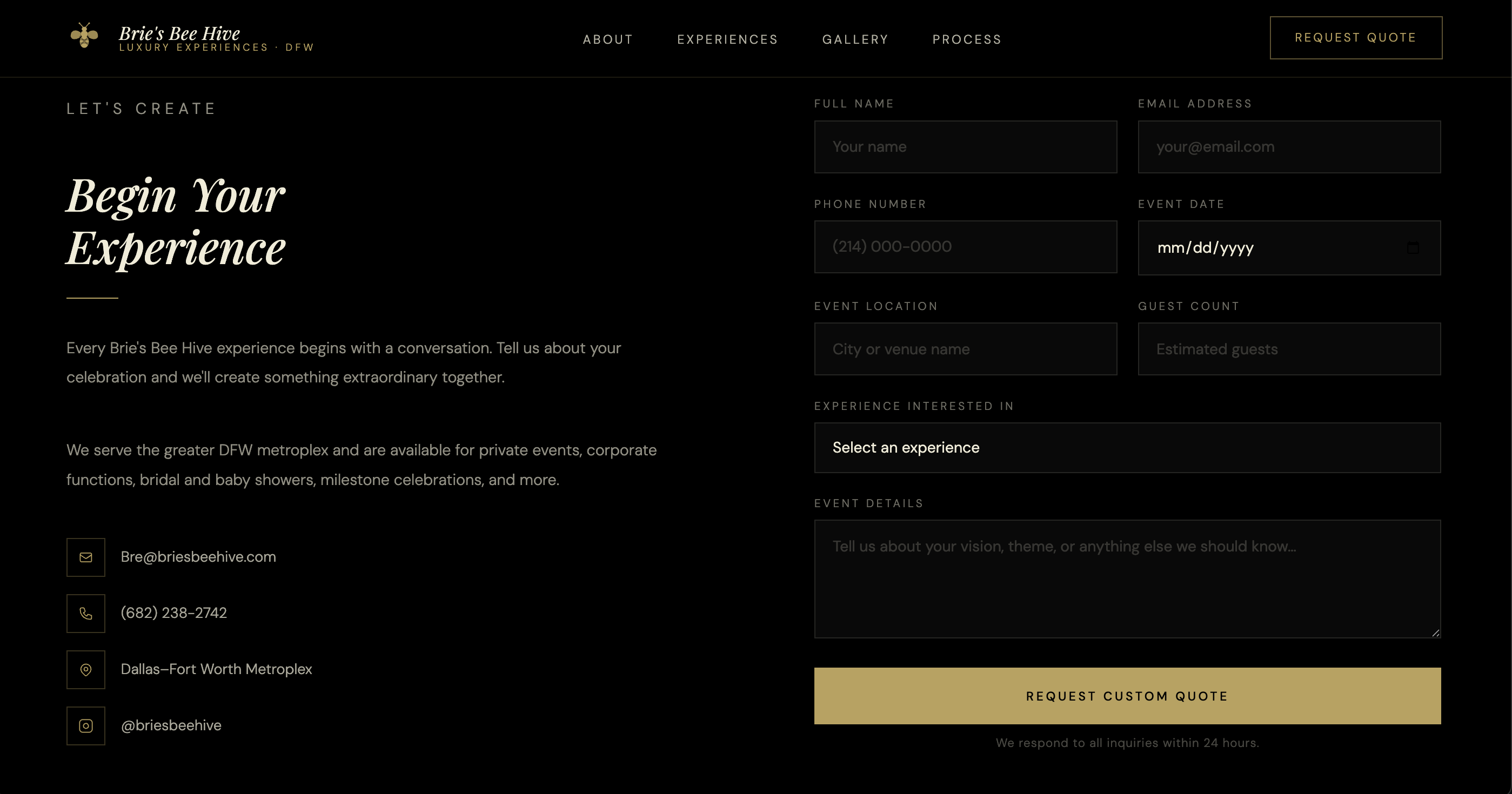 Redesigned Brie's Bee Hive inquiry form section
