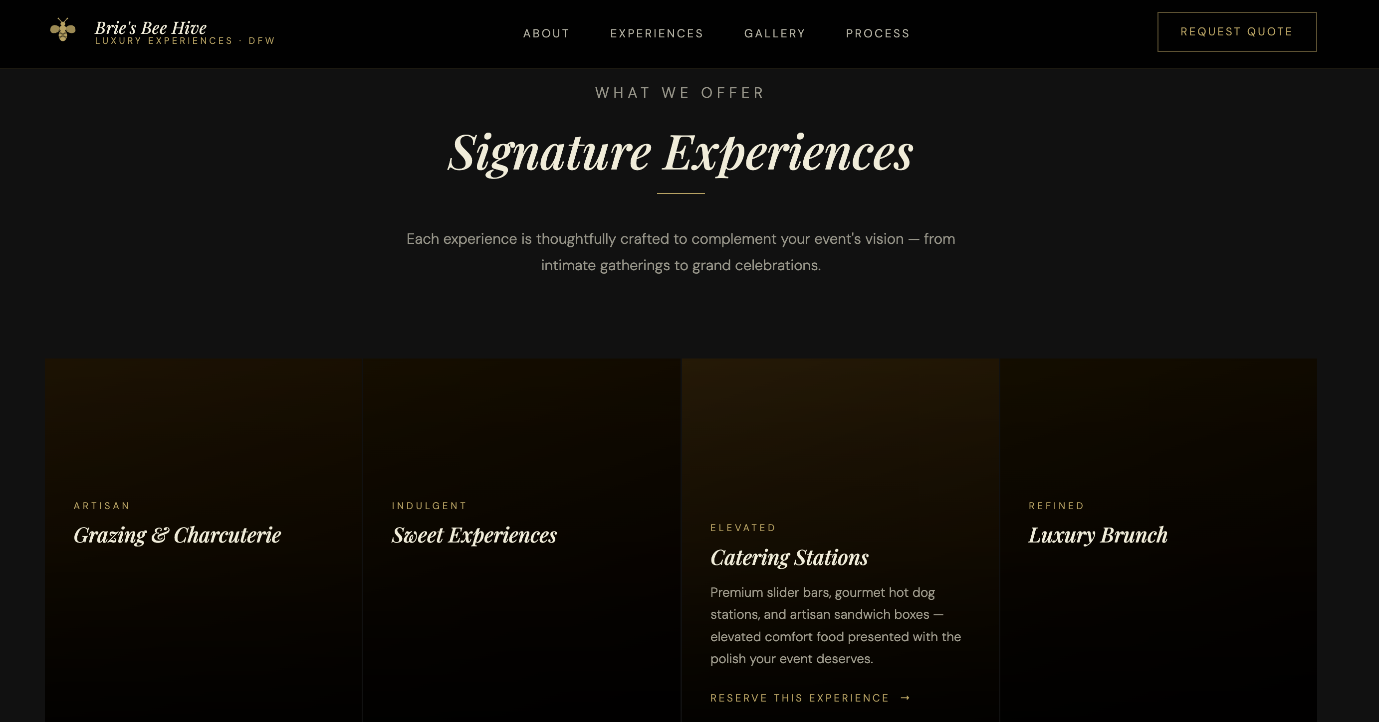 Signature Experiences section of redesigned Brie's Bee Hive website