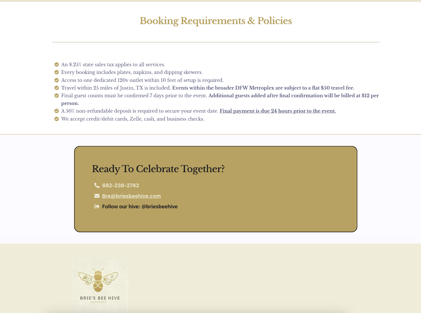 Before screenshot of original Brie's Bee Hive contact section